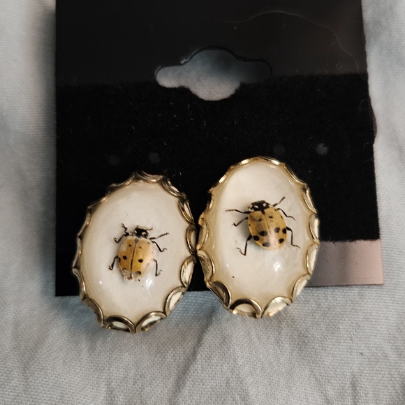 Vintage Ladybug Earrings with Gold Trim - Picture 1 of 2